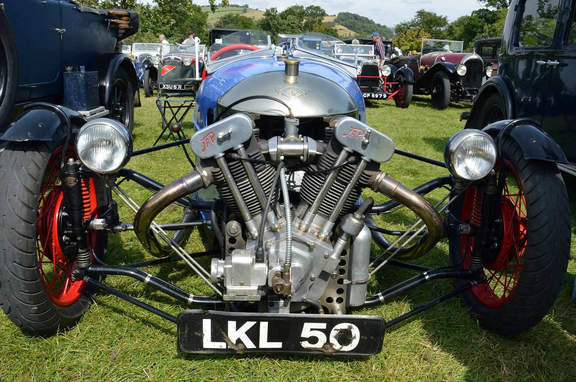 A Morgan three-wheeler with a J.A.P. V-twin engine mounted ahead of the front axle, registration LKL 50