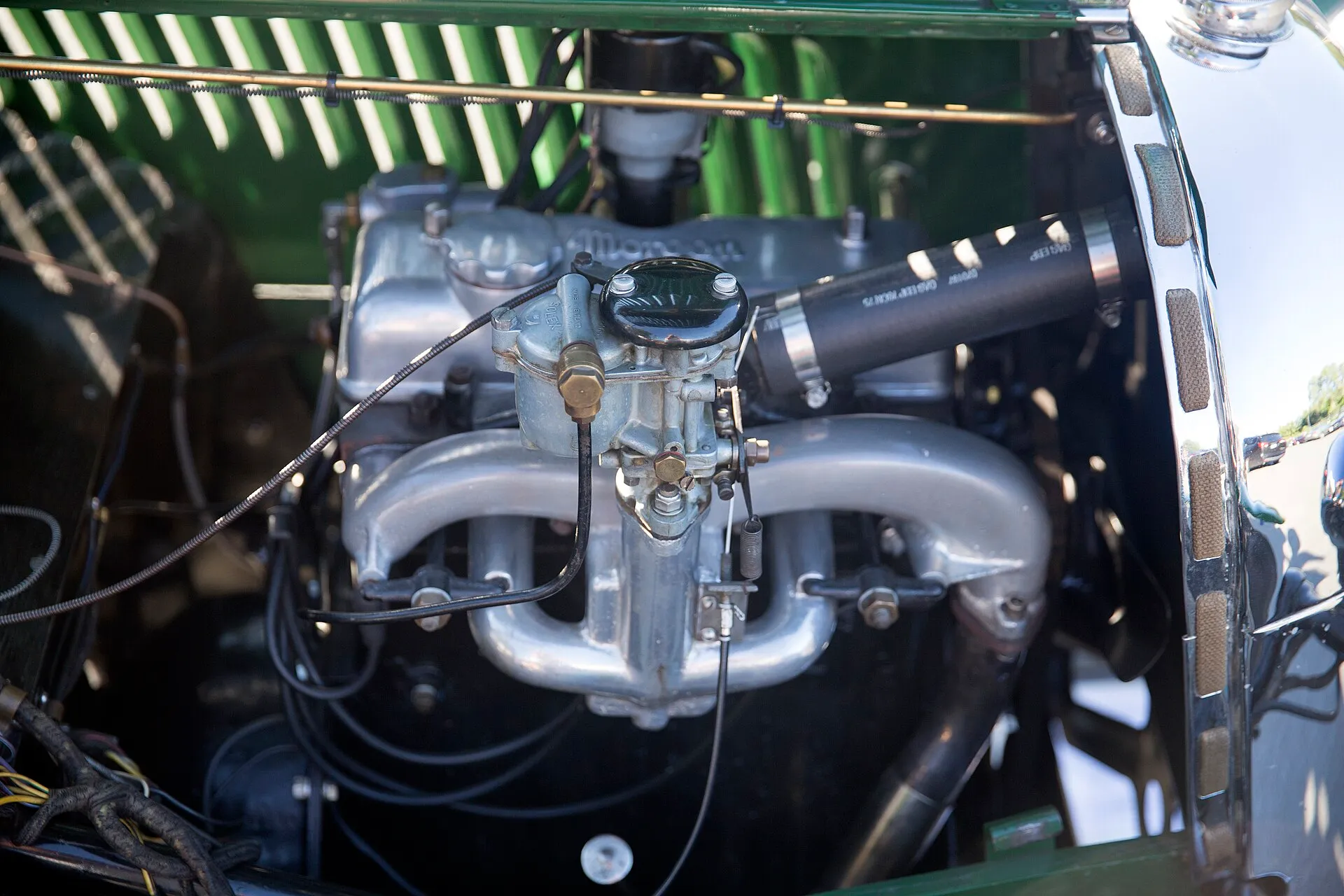 The engine bay of a 1948 Morgan 4-4, showing the 1,267 cc Standard engine