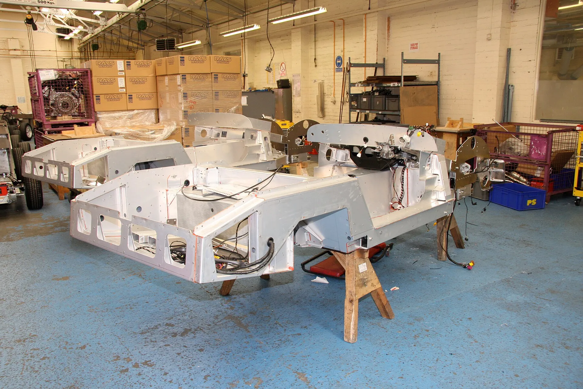 A bonded aluminium Aero chassis on a stand in the Morgan factory