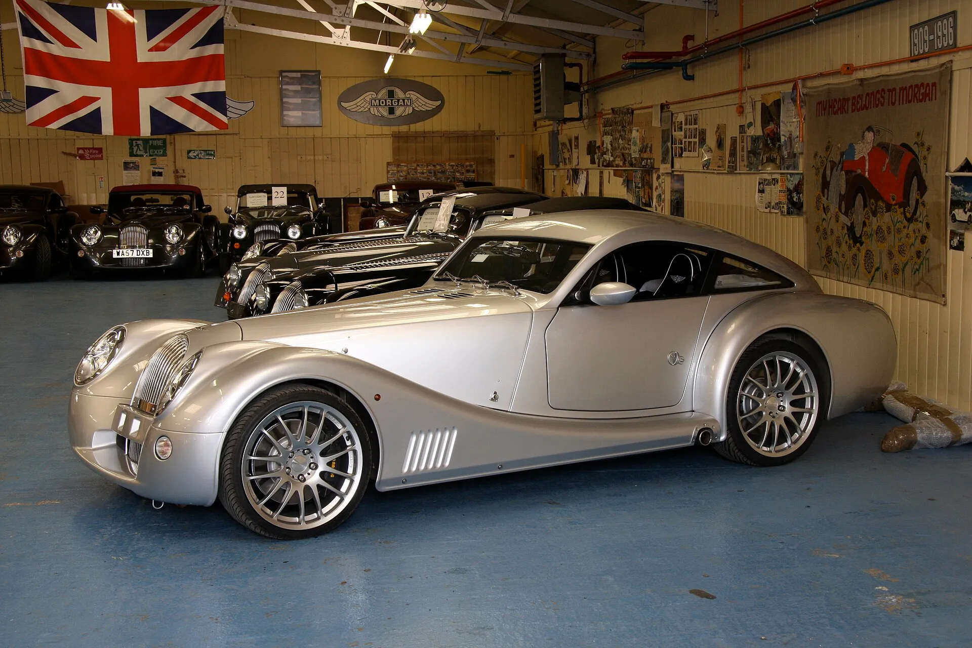 Finished Morgans lined up inside the factory, waiting for their owners