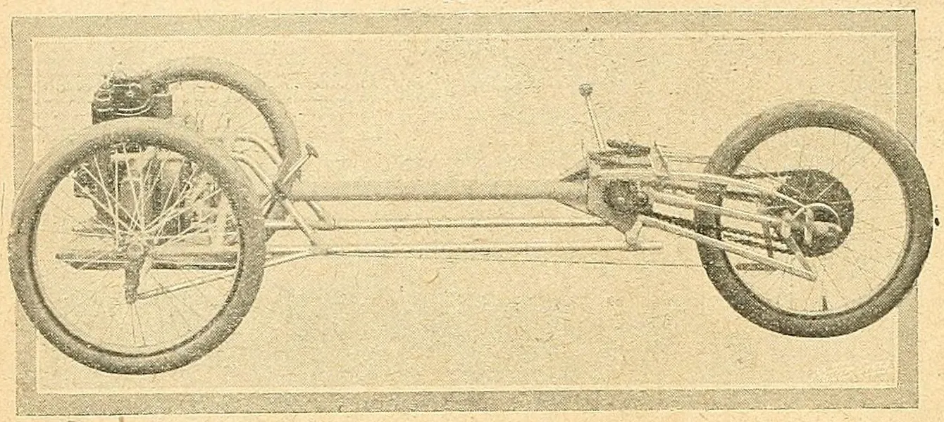 A 1911 photograph of a bare Morgan Runabout chassis seen from the side: a long central tube, a V-twin engine at the front and the chain drive to the single rear wheel